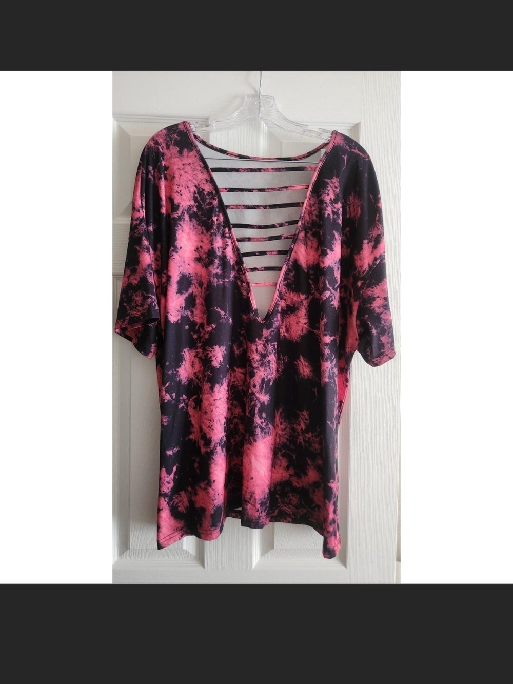 Women’s Pink & Black Tie-Dye V-Neck Short Sleeve Top with Ladder Front